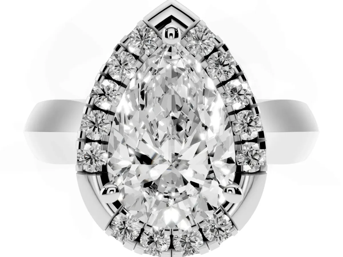 Pear Cut Cut Halo Solitaire Engagement Ring with Square Band and Four-Prong Setting Platinum