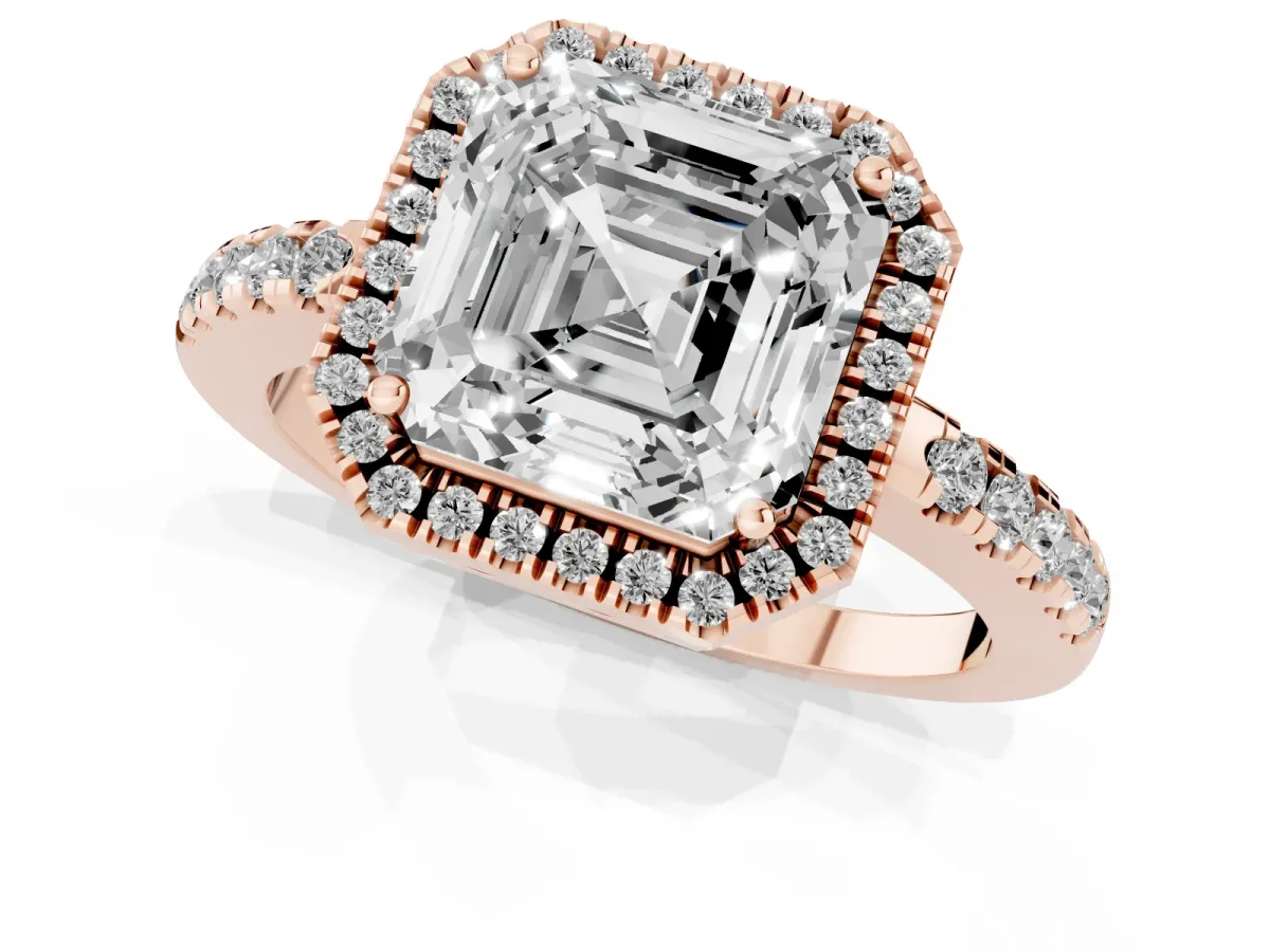 Asscher Cut Halo Diamond Engagement Ring with Pavé Band and Four-Prong Setting Rose gold