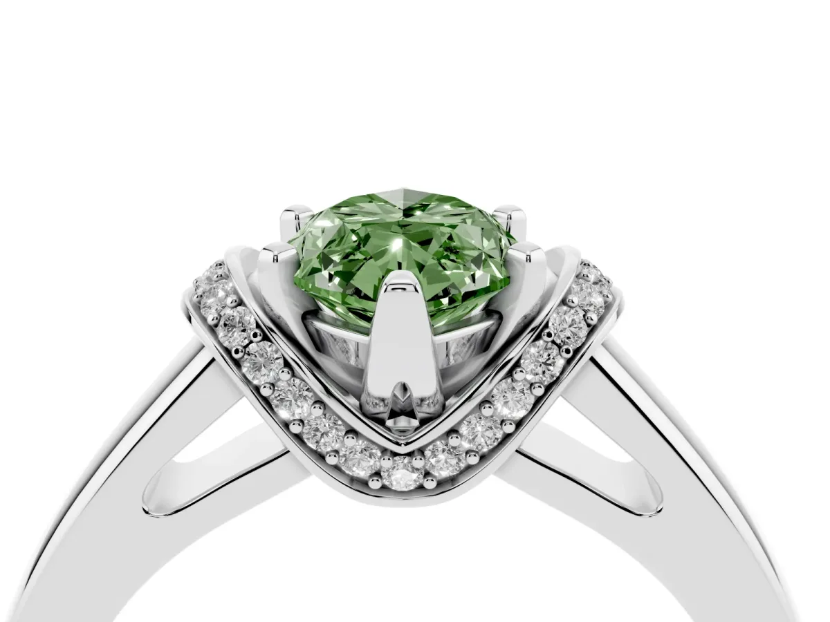 Fancy Green Marquise Cut Solitaire Diamond Ring with Pave Band and Six-Prong Setting Silver
