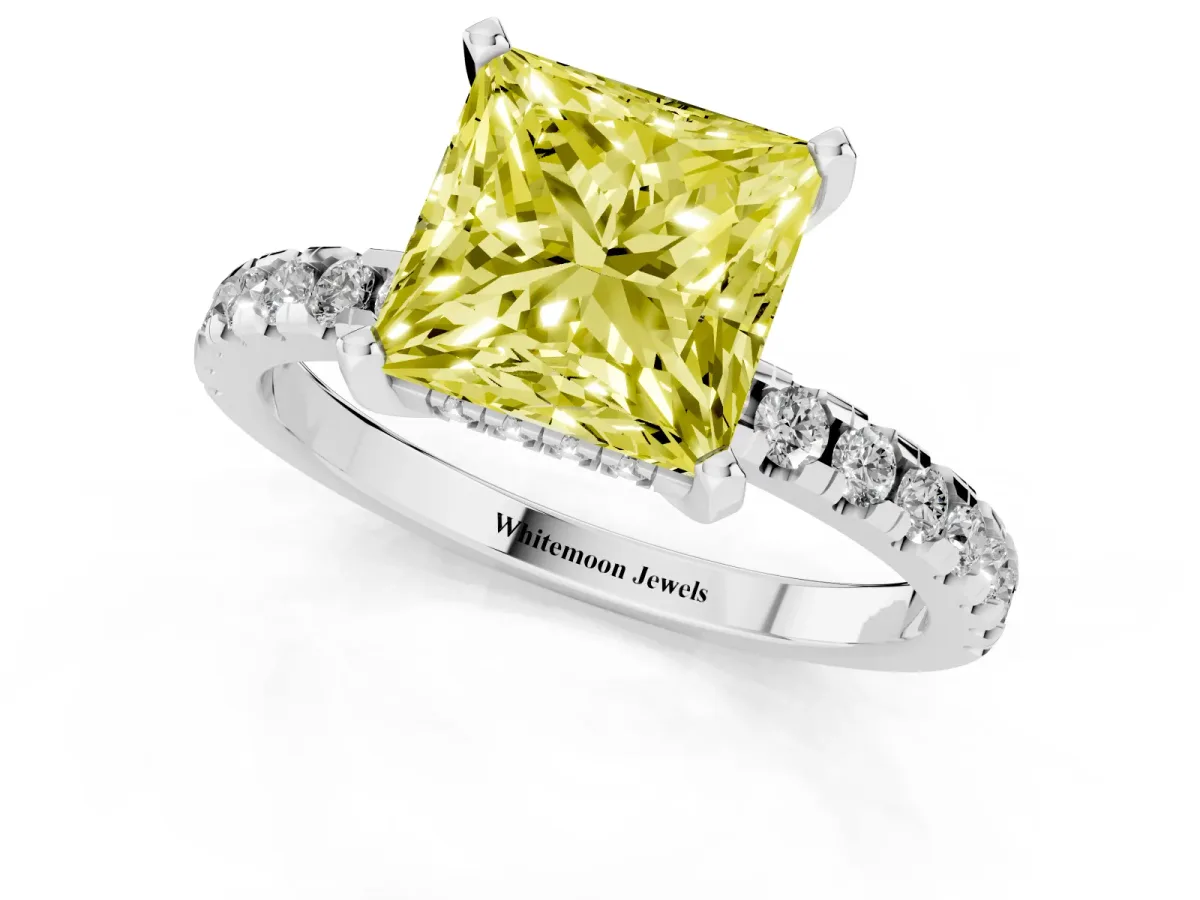 Fancy Yellow Princess Cut Diamond Solitaire Ring with Round Pavé Band and Four-Prong Setting Silver