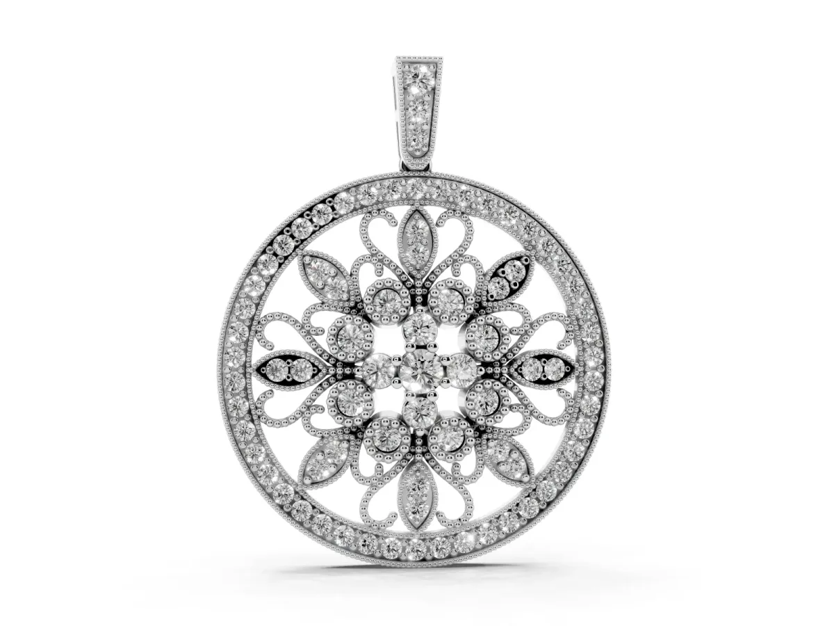 Round Pavé Diamond Filigree Pendant Silver