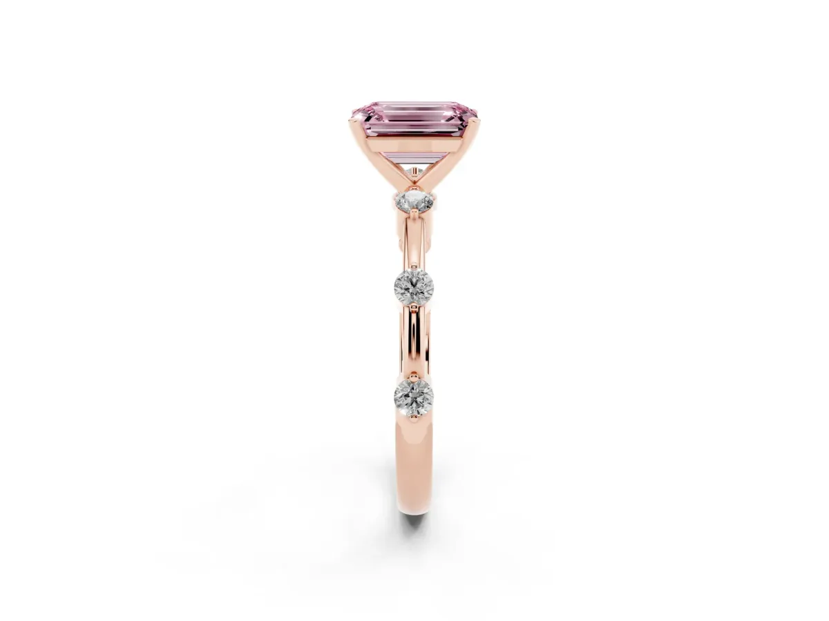 Fancy Pink Emerald Cut Solitaire Diamond Ring with Bezel Set Side Stones and Prong Setting Rose gold