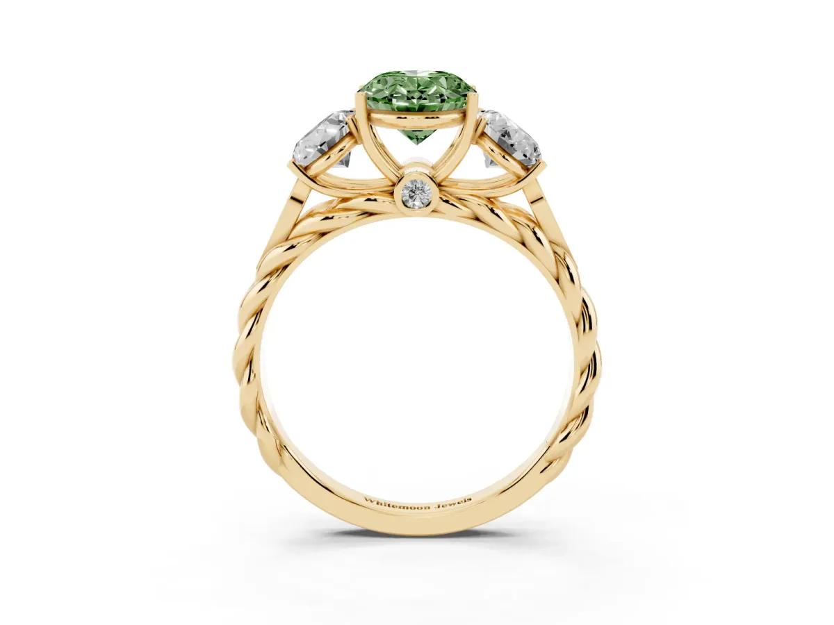 Fancy Green Three-Stone Oval Cut Diamond Braided Band Ring with Four-Prong Setting Yellow gold