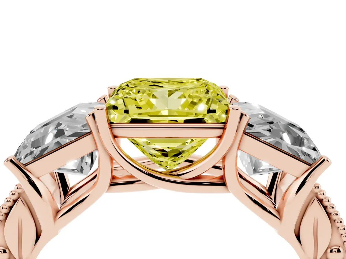 Fancy Yellow Three-Stone Princess Cut Cut Milgrain Pavé Engagement Ring Rose gold