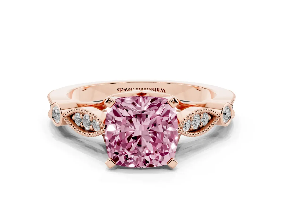 Fancy Pink Cushion Cut Cut Diamond with Milgrain Marquise and Bezel Accents on a Solitaire Band with Prong Setting Rose gold