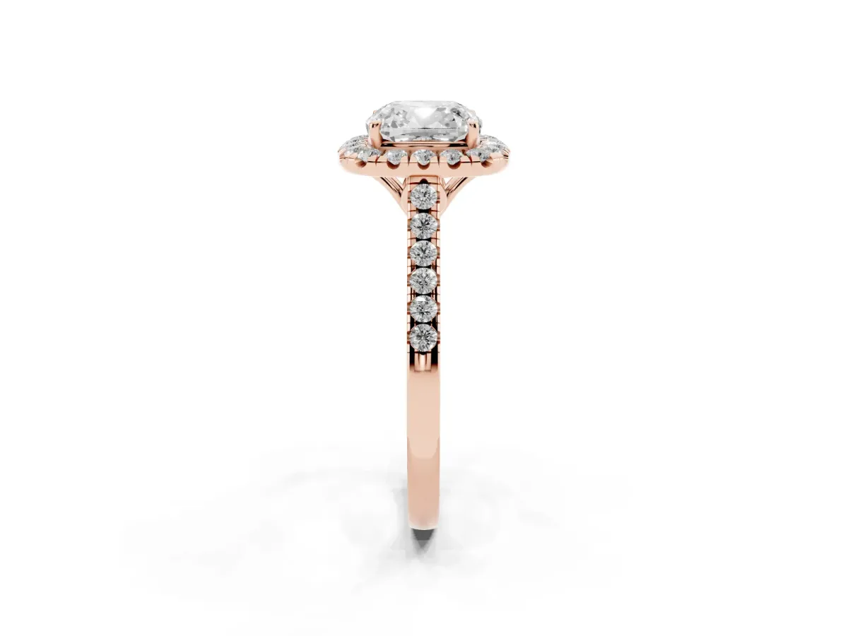 Cushion Cut Halo Pavé Diamond Engagement Ring with Four-Prong Setting Rose gold