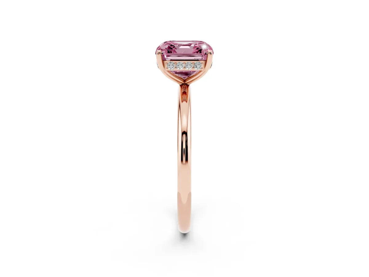 Fancy Pink Asscher Cut Solitaire Diamond Ring with a Classic Band and Four-Prong Setting Rose gold