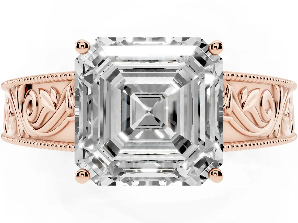 Asscher Cut Diamond Solitaire Ring with Engraved Band and Four-Prong Setting Rose gold