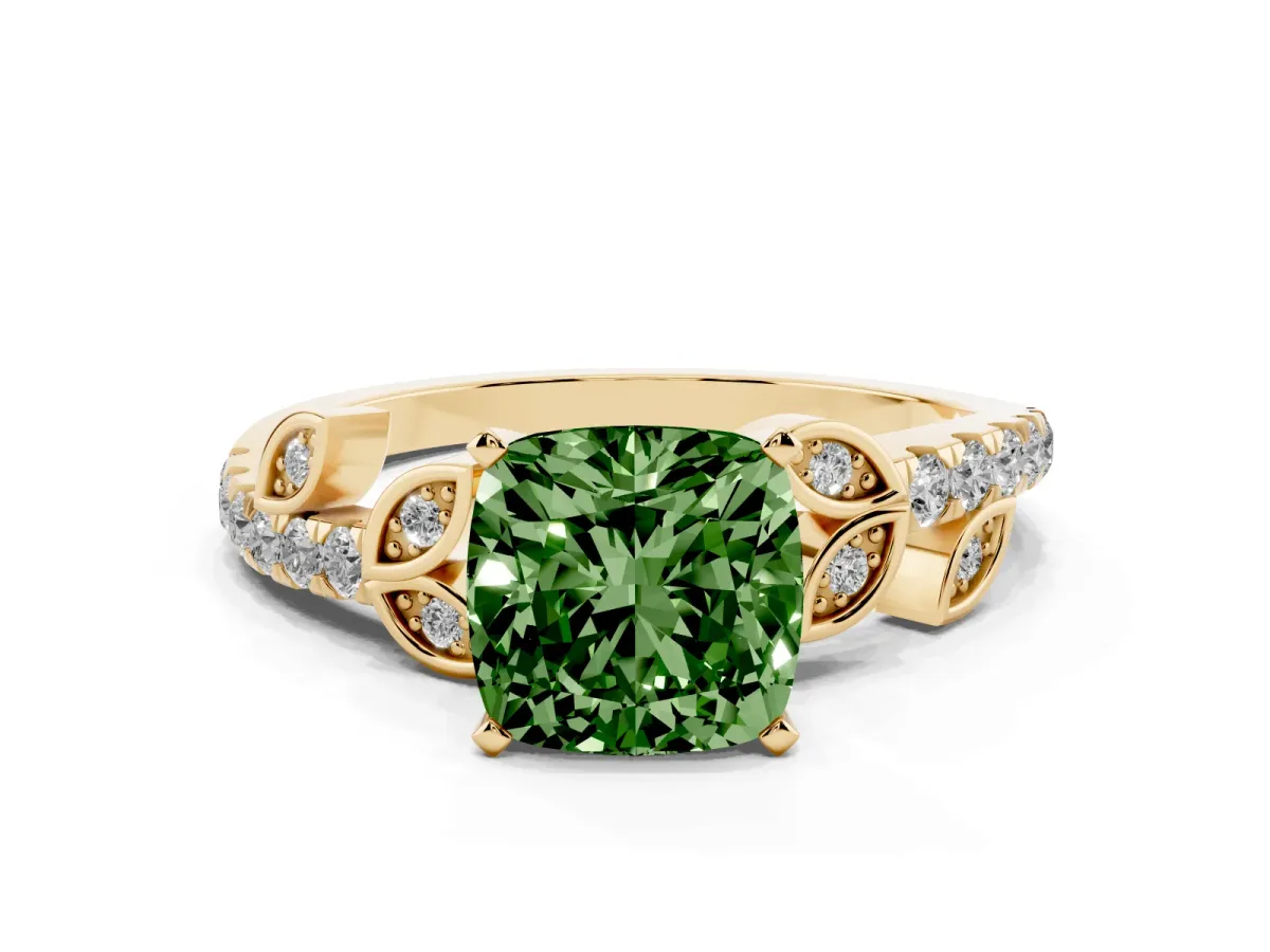 Fancy Green Cushion Cut Solitaire Leaf-Inspired Diamond Ring with Pavé Band and Four-Prong Setting Yellow gold