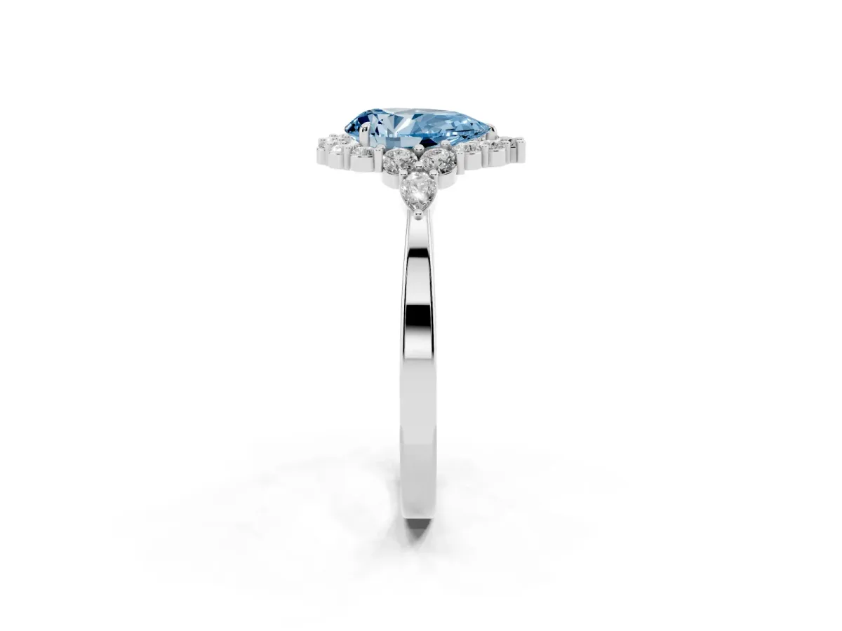 Fancy Blue Pear Cut Diamond Halo Ring with Pear Side Stones and Prong Setting Silver