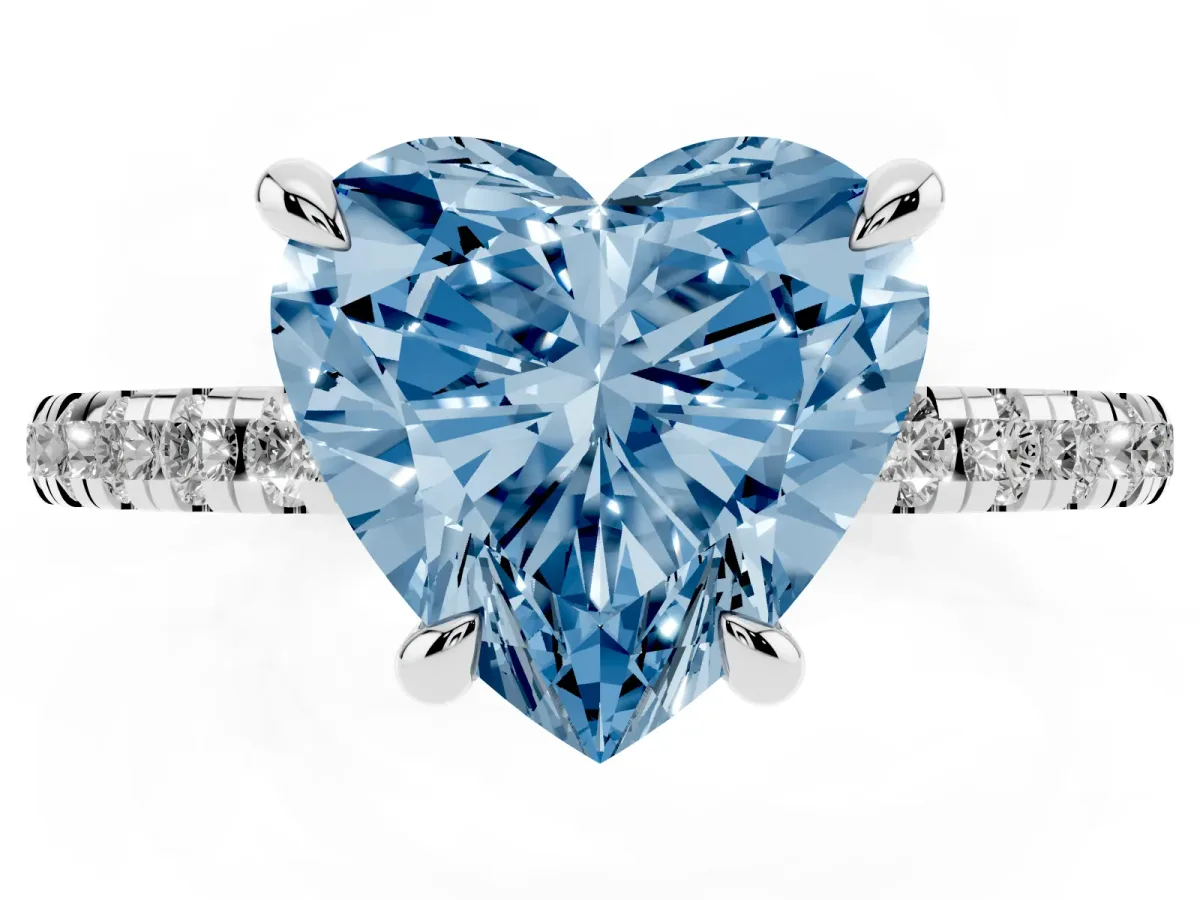 Fancy Blue Heart Cut Diamond Brilliant Solitaire Ring with Pavé Band and Four-Prong Setting Platinum