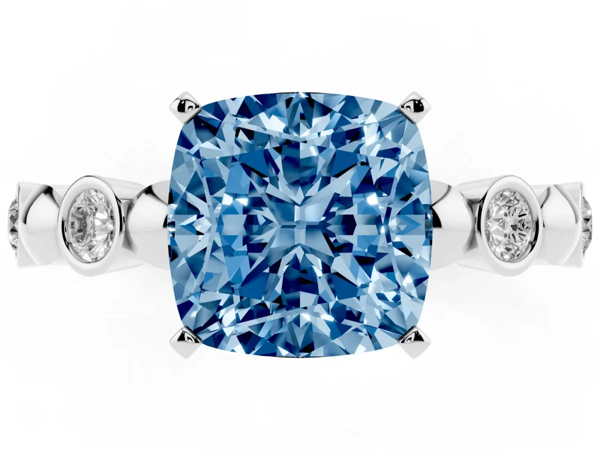 Fancy Blue Cushion Cut Solitaire Bezel-Set Diamond Ring with Beaded Band and Four-Prong Setting Silver