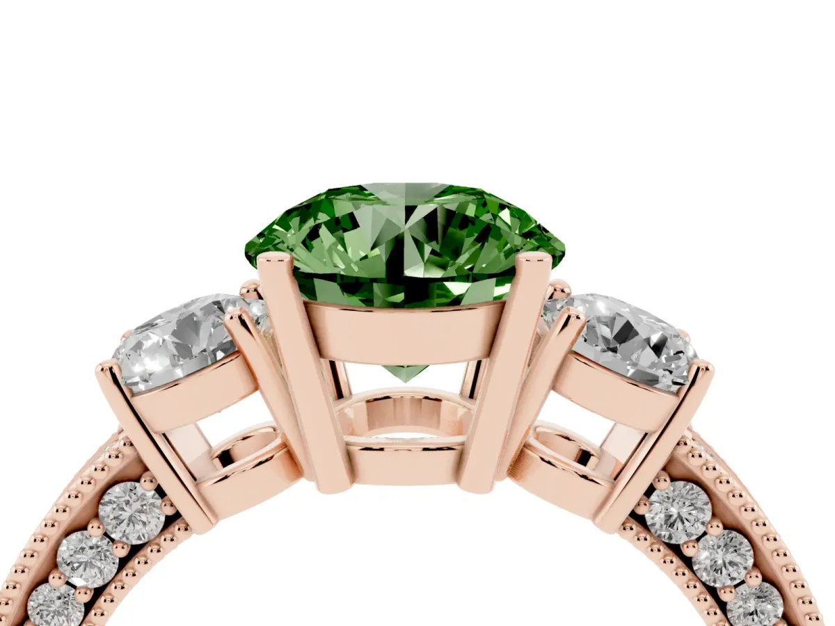 Fancy Green Round Cut Three-Stone Diamond Ring with Pavé Band and Four-Prong Setting Rose gold