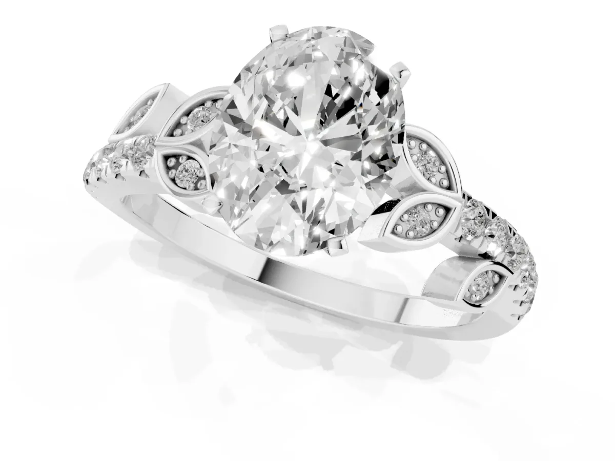 Oval Cut Solitaire Leaf-Inspired Diamond Ring with Pavé Band and Four-Prong Setting Platinum