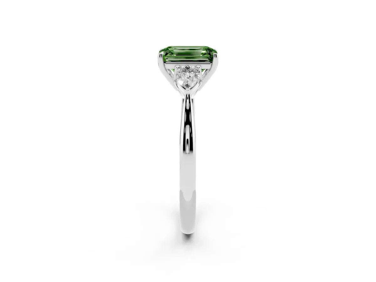 Fancy Green Emerald Cut Diamond Three-Stone Ring with Pear Side Stones and Prong Setting Silver