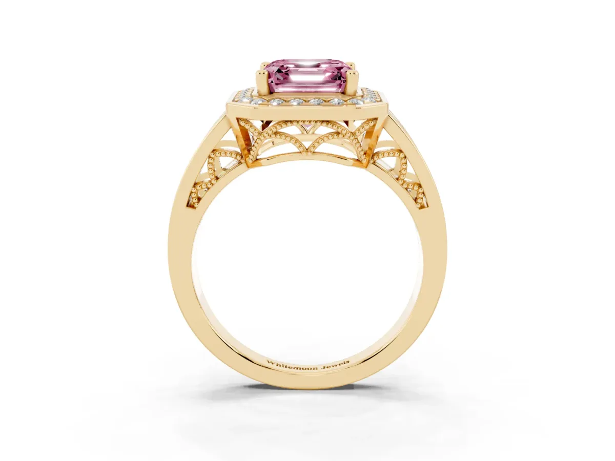 Fancy Pink Asscher Cut Diamond Halo Ring with Split Shank and Bezel Accents and Prong Setting Yellow gold