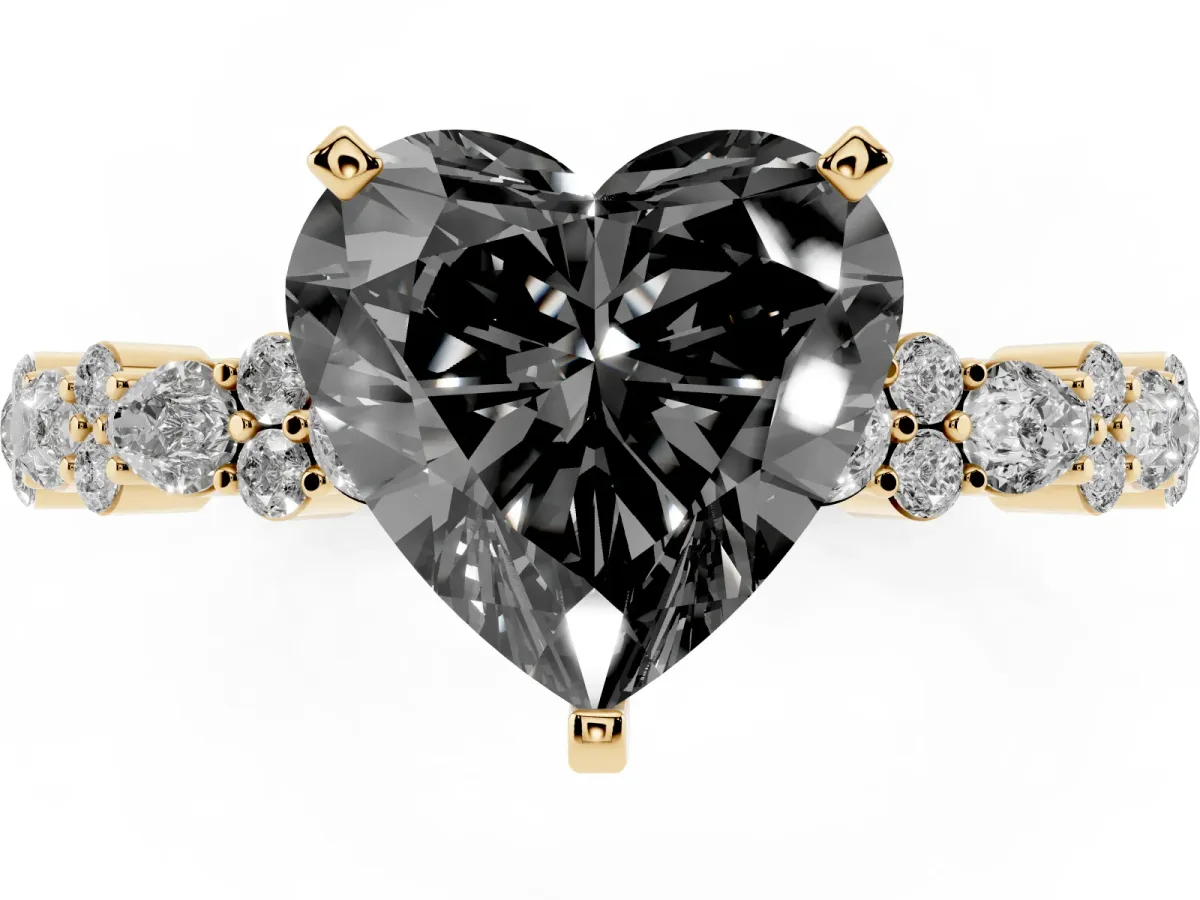 Fancy Black Heart Cut Diamond Side Stone Solitaire Ring with Round and Four-Prong Setting Yellow gold