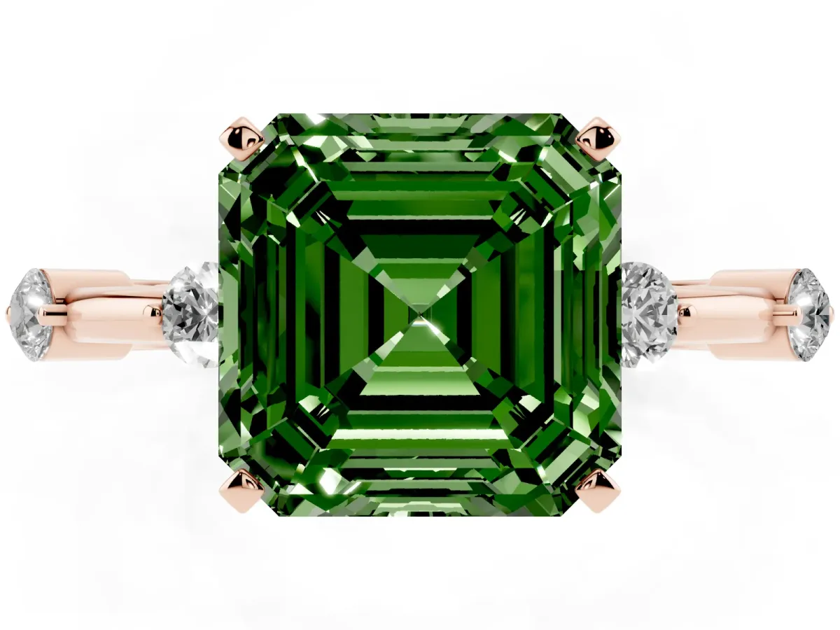 Fancy Green Asscher Cut Solitaire Diamond Ring with Bezel Set Side Stones and Prong Setting Rose gold