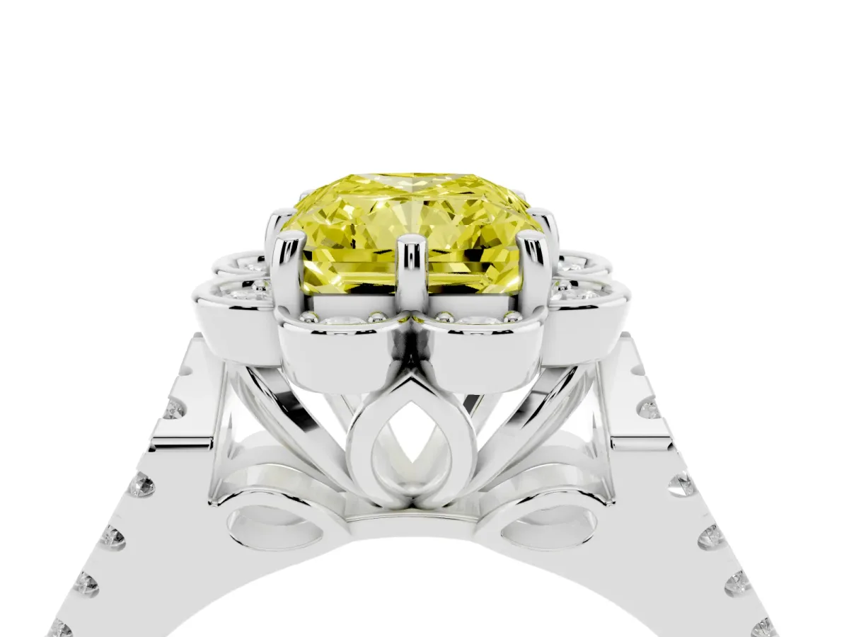 Fancy Yellow Radiant Cut Halo Diamond Floral Split Shank Engagement Ring Silver