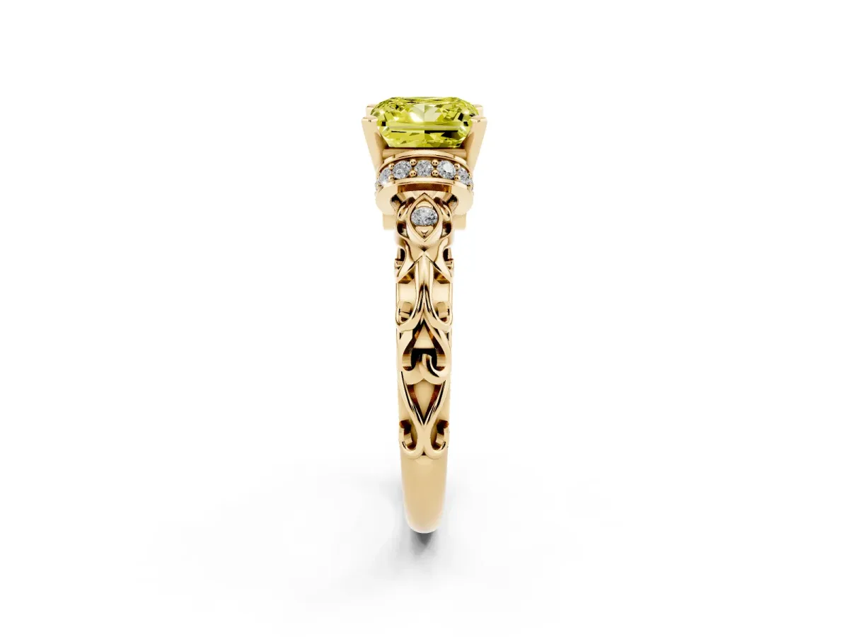 Fancy Yellow Princess Cut Diamond Solitaire Ring with Filigree Band and Four-Prong Setting Yellow gold