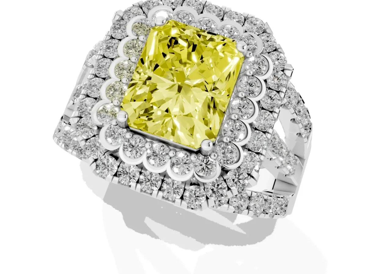 Fancy Yellow Radiant Cut Diamond Double Halo Ring with Round Pavé Split Shank and Prong Setting Silver