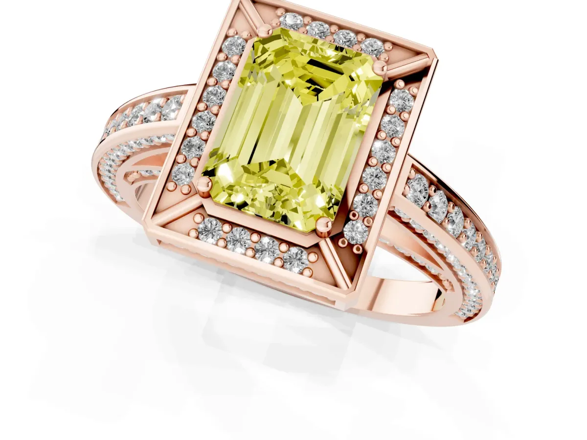 Fancy Yellow Emerald Cut Cut Halo Pave Split Shank Prong Setting Ring Rose gold