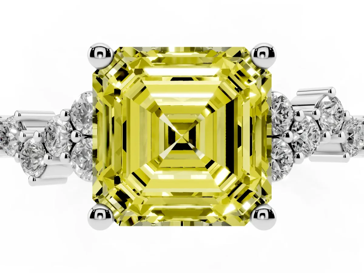 Fancy Yellow Asscher Cut Diamond Scattered Round Accent Ring with Prong Setting Silver