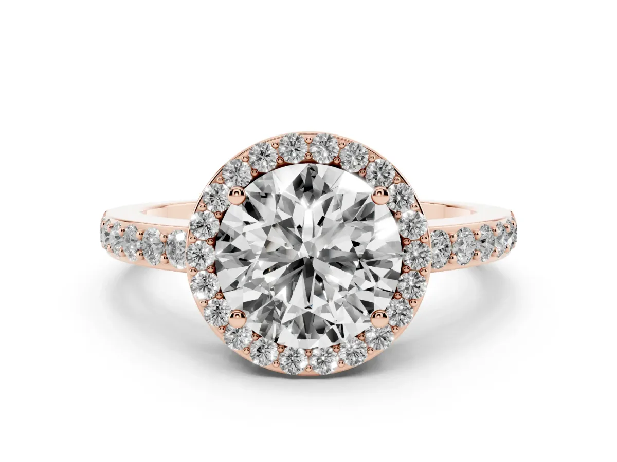 Round Cut Halo Diamond Pavé Band Ring with Prong Setting Rose gold