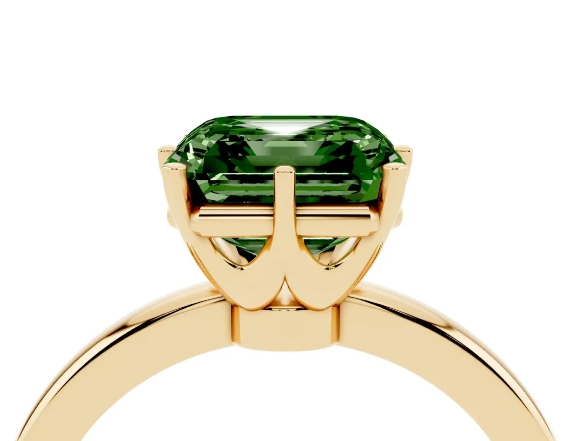 Fancy Green Asscher Cut Solitaire Diamond Ring with Six-Prong Setting on a Classic Band Yellow gold