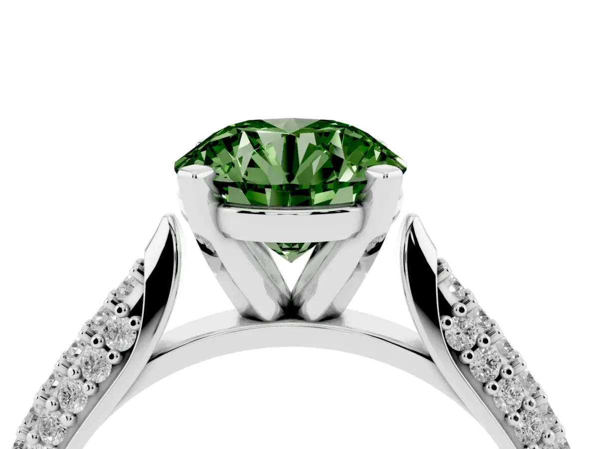 Fancy Green Round Cut Diamond Solitaire Engagement Ring with Multi-Row Round Pavé Band and Prong Setting White gold