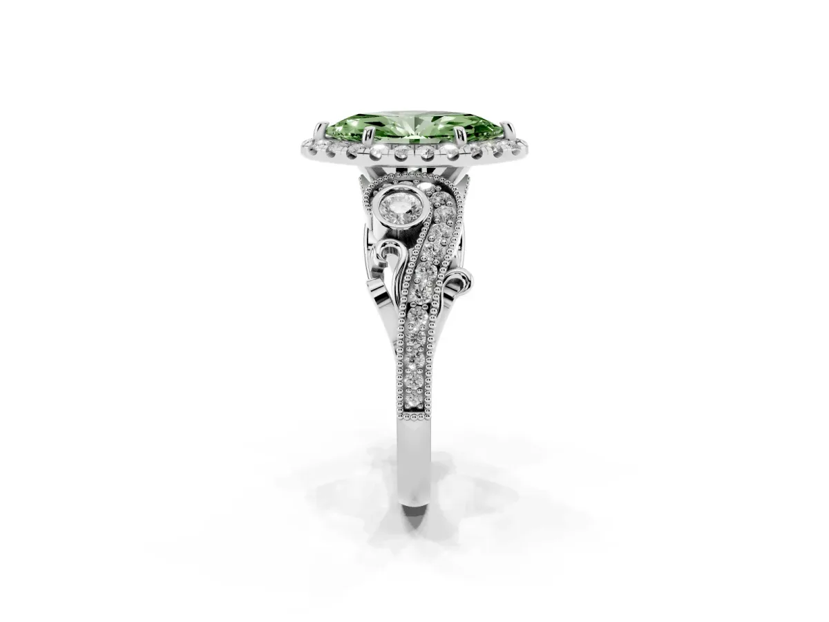 Fancy Green Marquise Cut Diamond Halo Ring with Milgrain Pavé Band and Four-Prong Setting Platinum