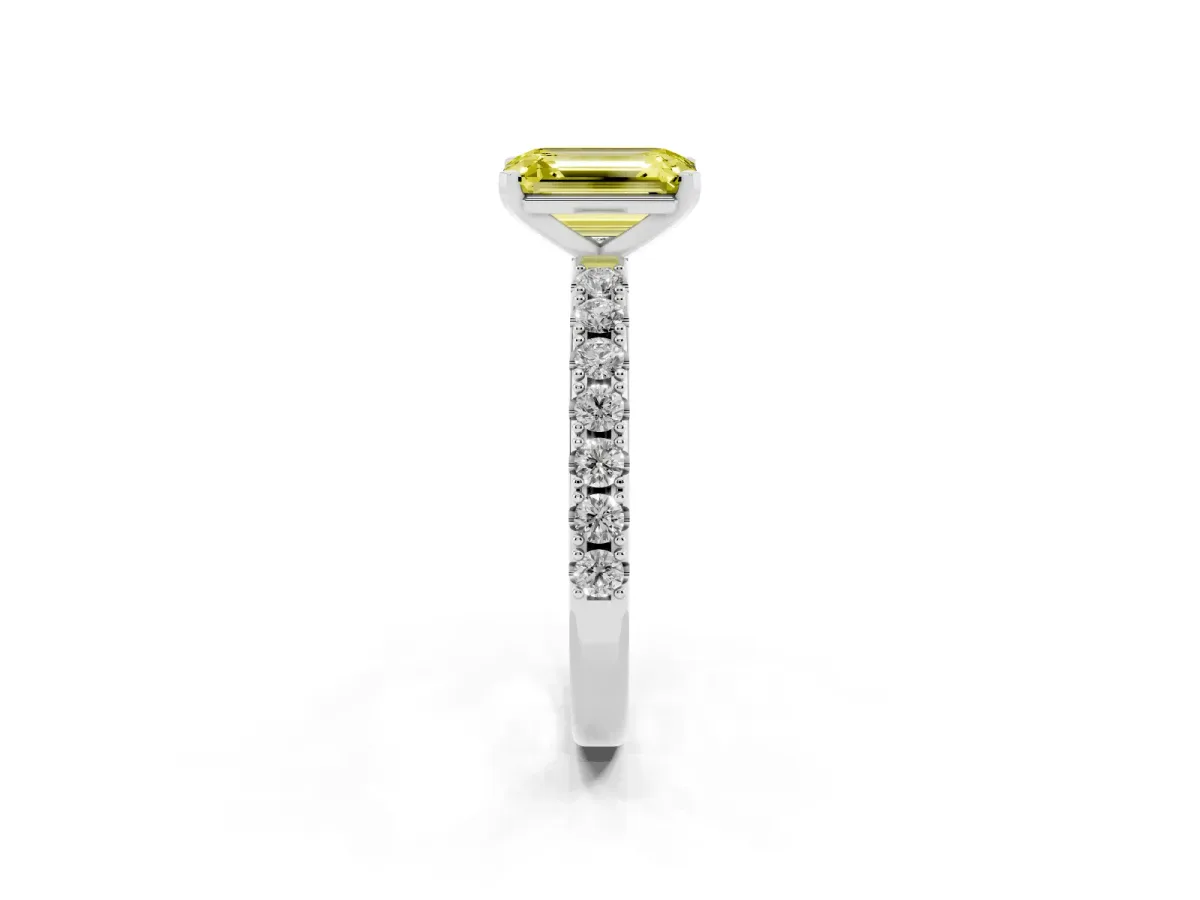 Fancy Yellow Emerald Cut Diamond Solitaire Pavé Band with Four-Prong Setting Silver