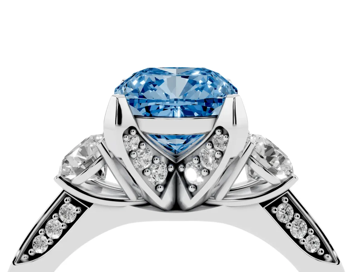 Fancy Blue Cushion Cut Brilliant Three-Stone Diamond Ring with Pavé Band and Four-Prong Setting White gold