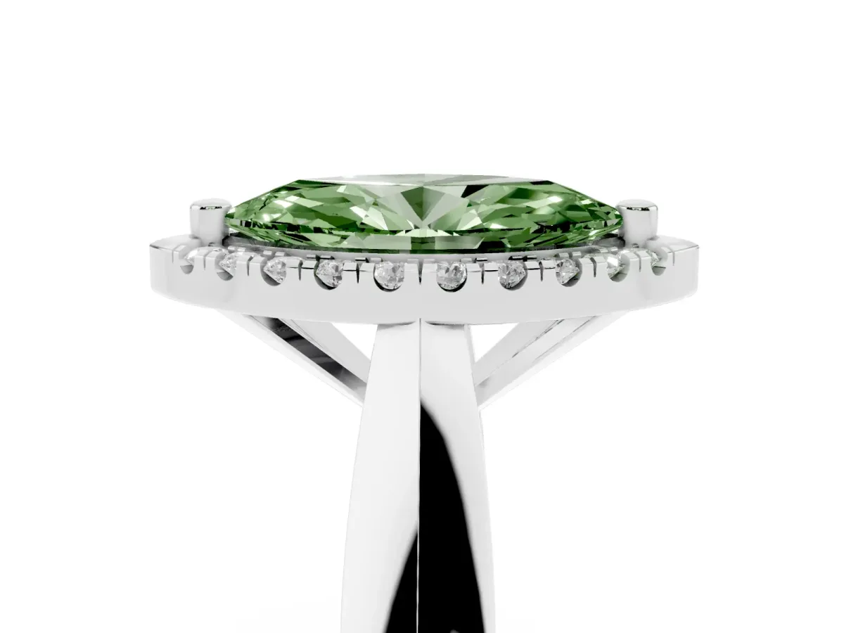 Fancy Green Marquise Cut Cut Halo Solitaire Engagement Ring with Square Band and Four-Prong Setting White gold