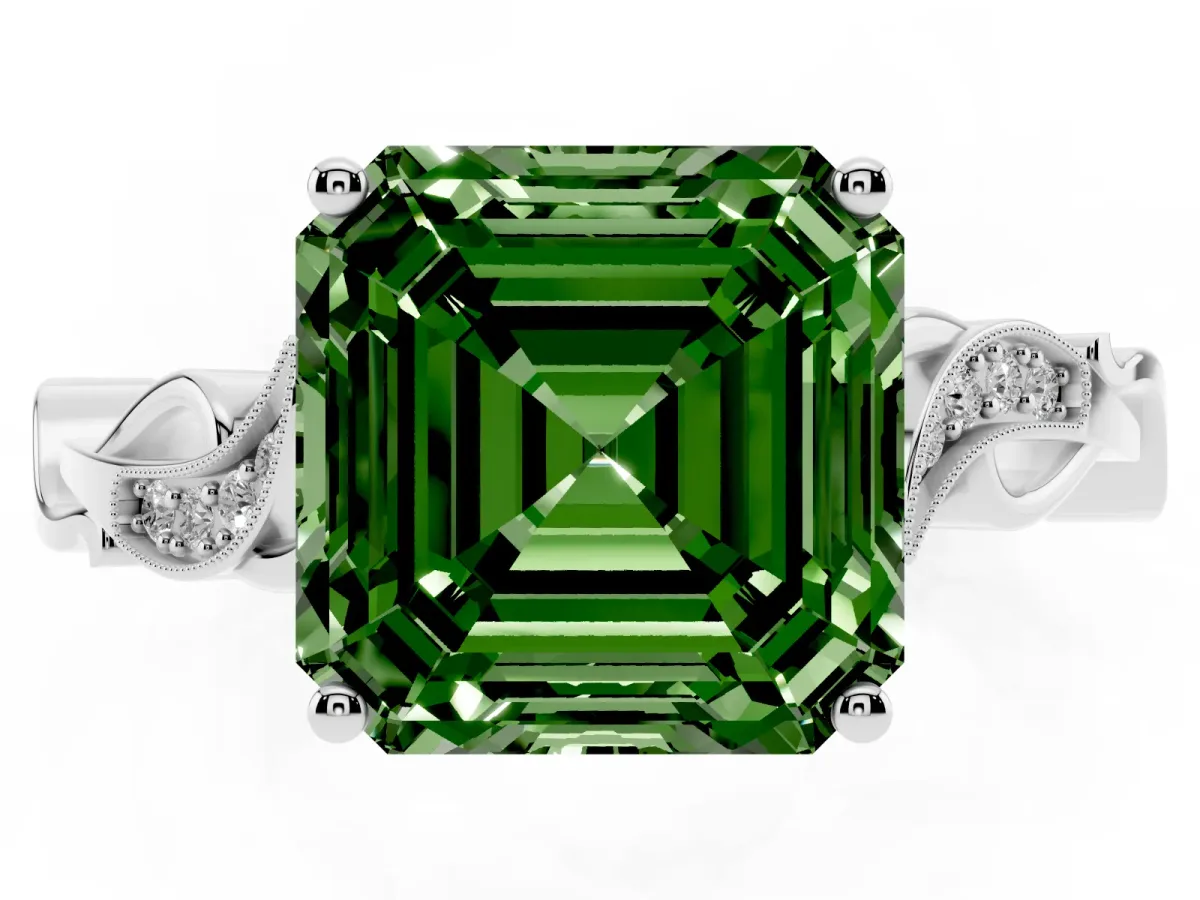 Fancy Green Asscher Cut Solitaire Vine Band with Milgrain Prong Setting Silver