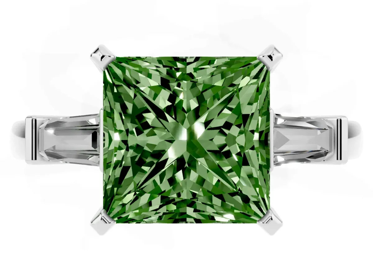 Fancy Green Princess Cut Cut Diamond Solitaire Ring with Tapered Baguette Accents and Four-Prong Setting Platinum