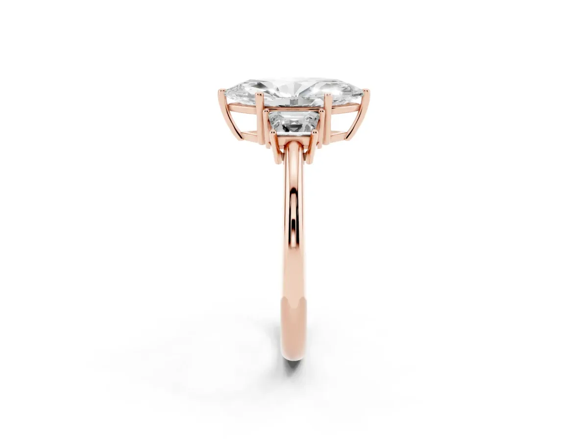 Marquise Cut Diamond Three-Stone Ring with Trapezoid Side Stones and Prong Setting Rose gold