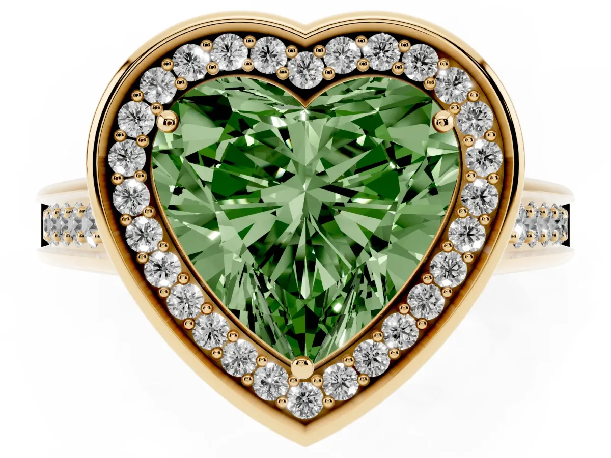 Fancy Green Heart Cut Halo Solitaire Diamond Ring with Pave Band and Bezel Setting Yellow gold