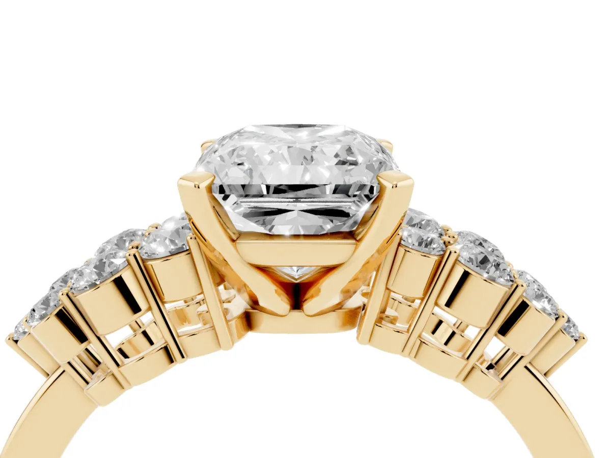 Radiant Cut Cluster Diamond Engagement Ring with Pavé Band and Four-Prong Setting Yellow gold