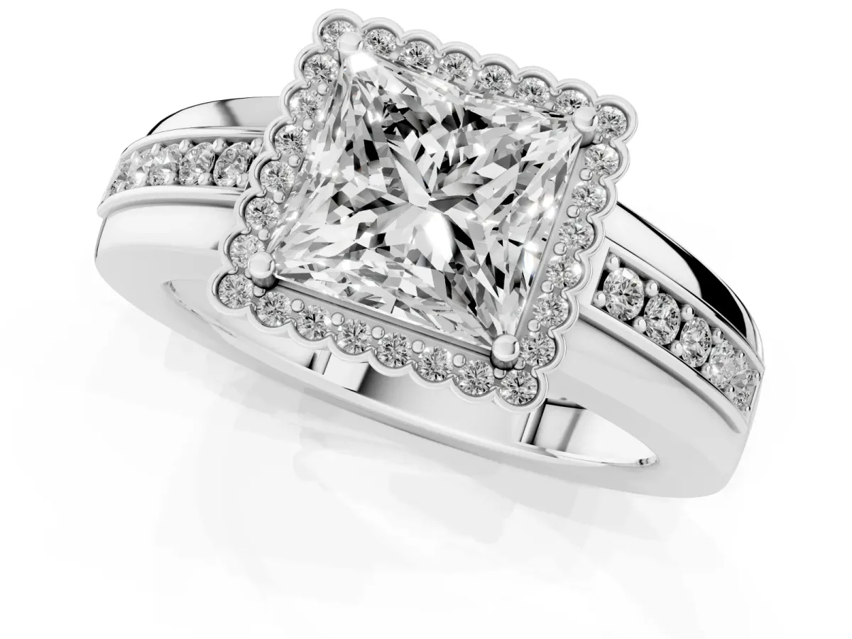 Princess Cut Cut Halo Pave Band Four-Prong Ring Silver