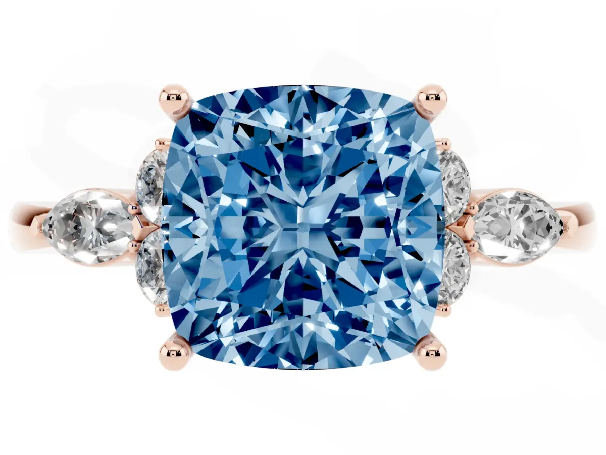 Fancy Blue Cushion Cut Brilliant Diamond Solitaire Ring with Pear Side Stones and Four-Prong Setting Rose gold