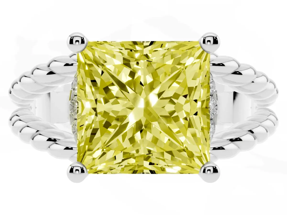Fancy Yellow Princess Cut Halo Twisted Band Four-Prong Ring Silver
