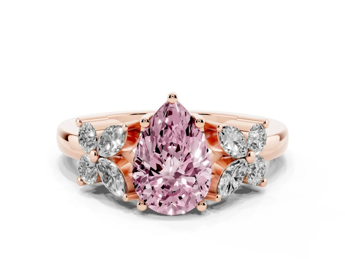 Fancy Pink Pear Cut Diamond Floral Cluster Ring with Solitaire Band and Prong Setting Rose gold