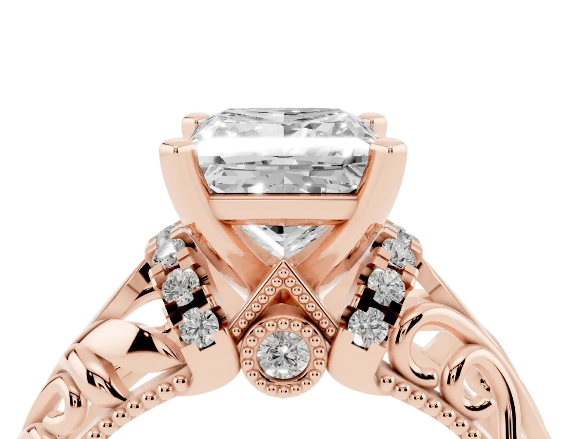 Princess Cut Solitaire Filigree Engagement Ring with Halo and Prong Setting Rose gold