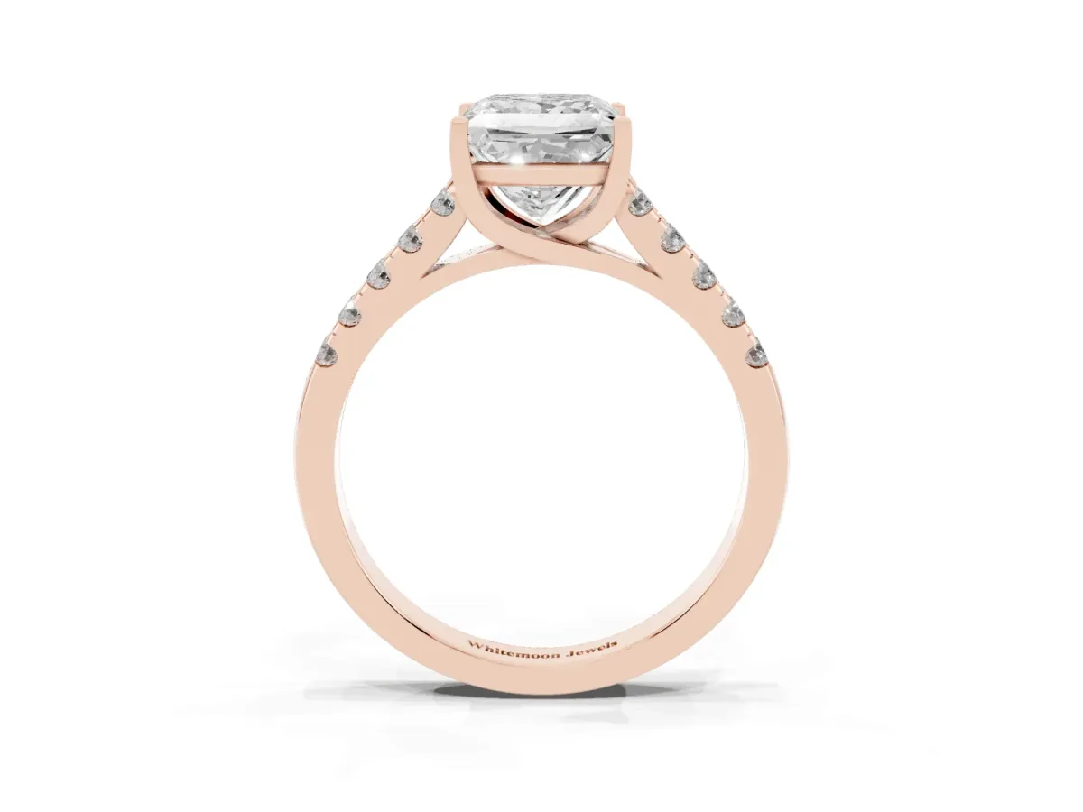 Princess Cut Diamond Pavé Band Solitaire Ring with Prong Setting Rose gold