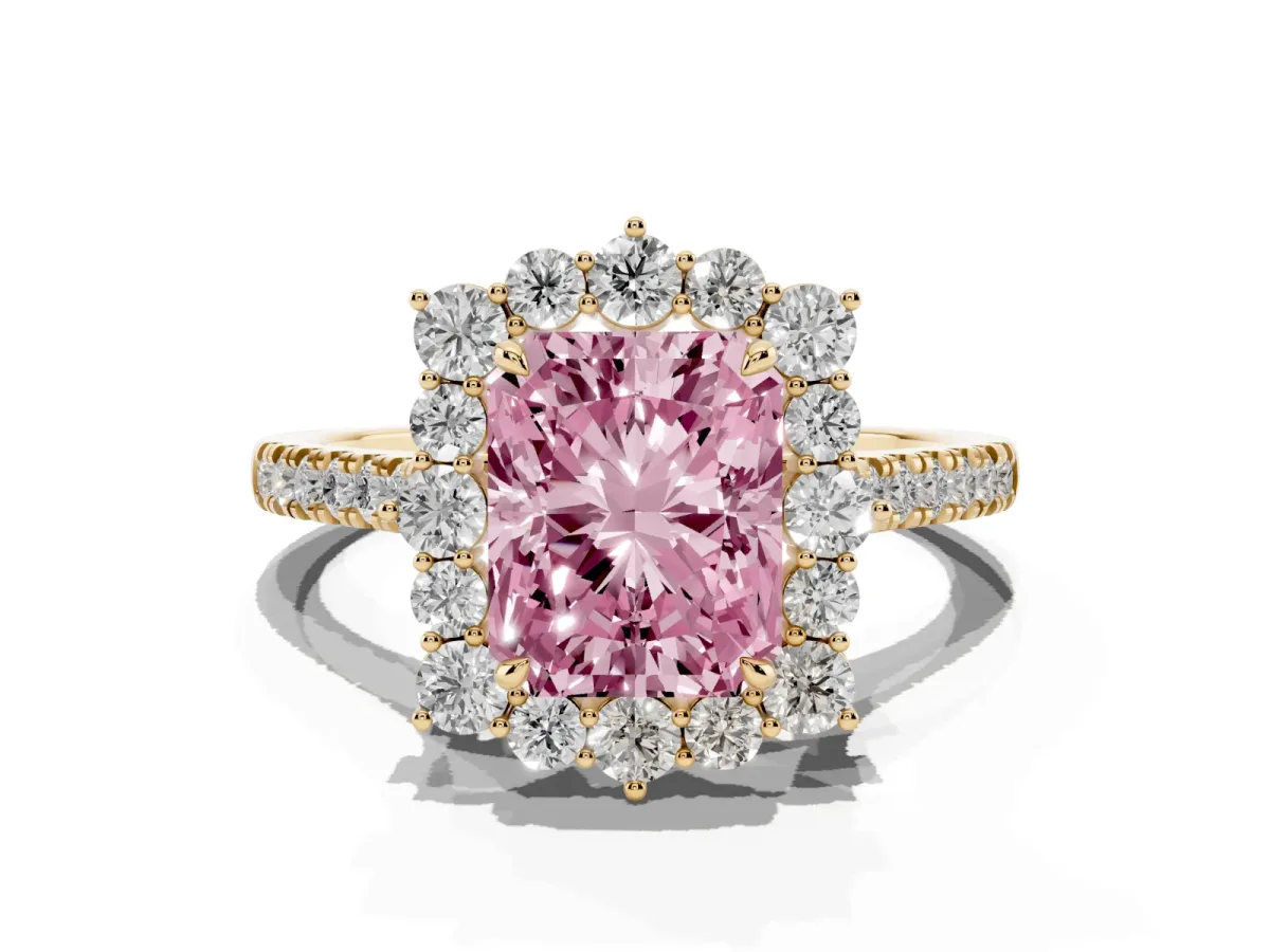 Fancy Pink Radiant Cut Halo Diamond Ring with Pavé Band and Prong Setting Yellow gold