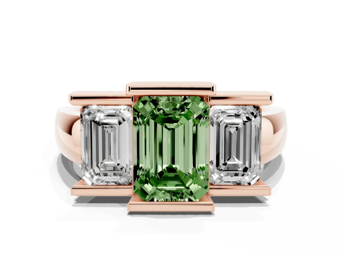 Fancy Green Three Stone Emerald Cut Cut Channel Set Diamond Ring Rose gold