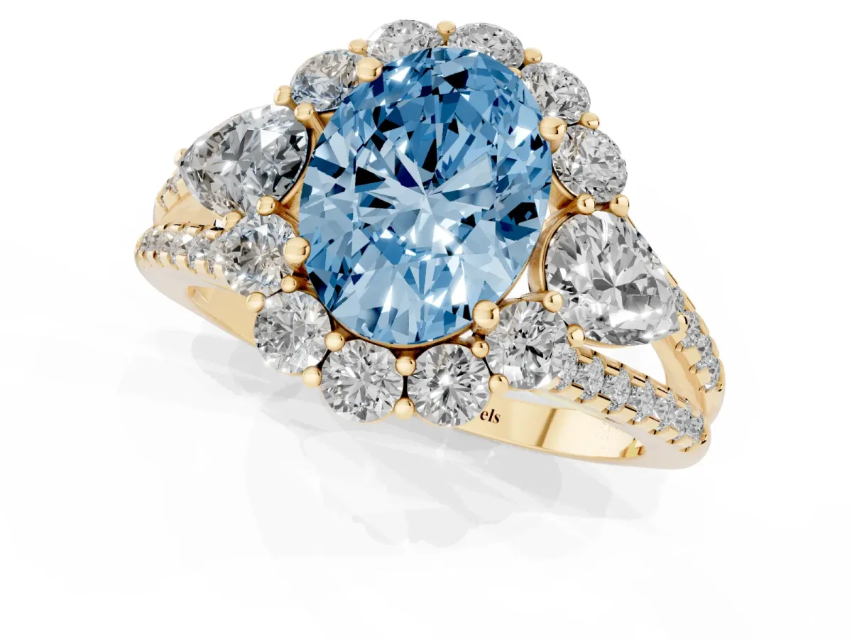 Fancy Blue Oval Cut Halo Split Shank Diamond Engagement Ring with Prong Setting Yellow gold