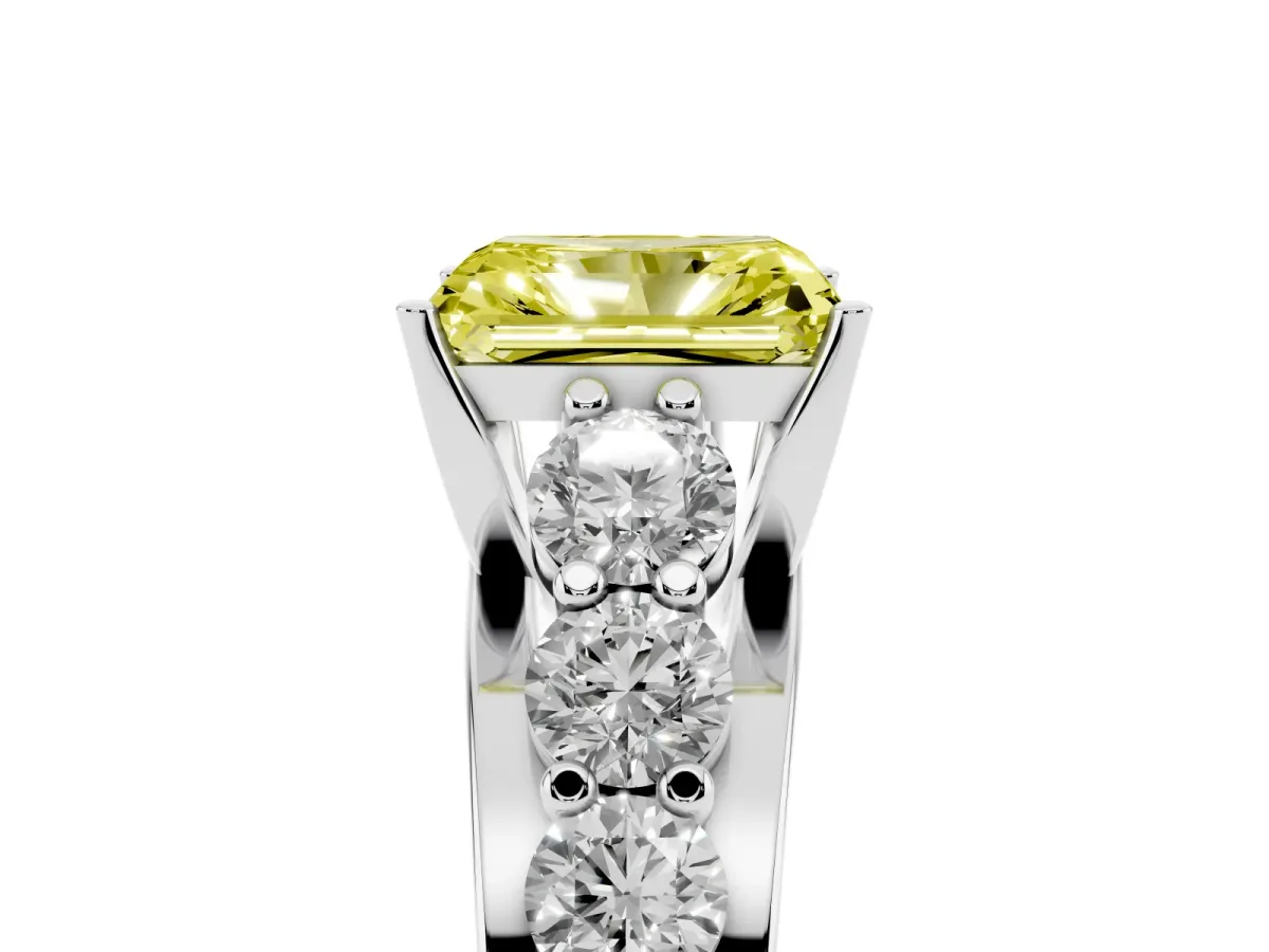 Fancy Yellow Radiant Cut Diamond Engagement Ring with Pavé Band and Four-Prong Setting Silver