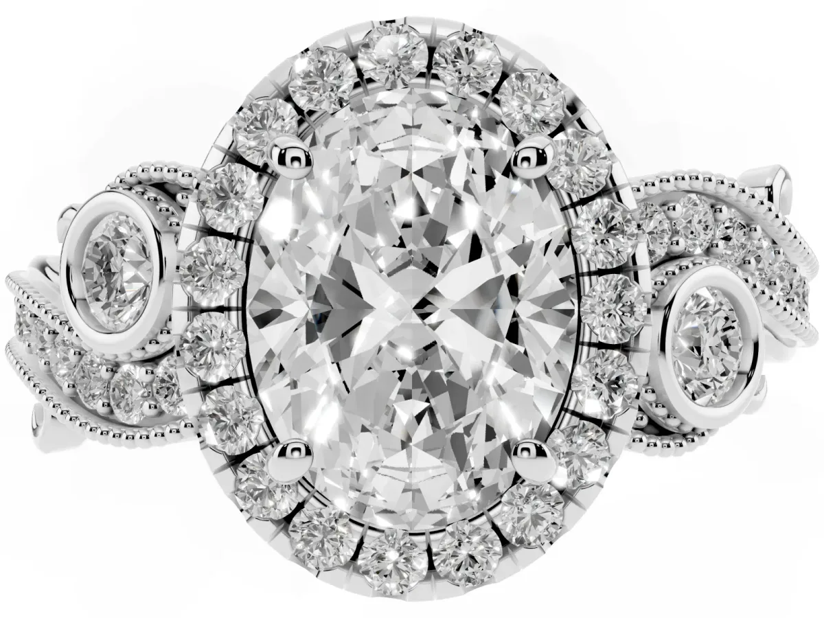 Oval Cut Halo Diamond Ring with Milgrain and Bezel Accents on a Split Shank Band Silver